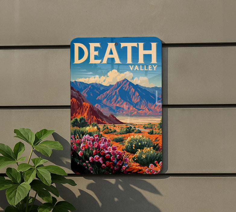 A vintage-style sign for Death Valley, featuring a colorful landscape with mountains, flowers, and a desert backdrop.