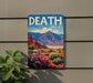 A vintage-style sign for Death Valley, featuring a colorful landscape with mountains, flowers, and a desert backdrop.