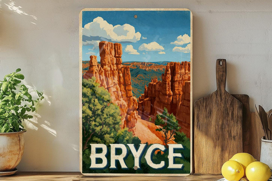 A vintage-style poster of Bryce Canyon National Park, featuring the iconic red rock formations and a blue sky with clouds.