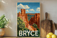A vintage-style poster of Bryce Canyon National Park, featuring the iconic red rock formations and a blue sky with clouds.