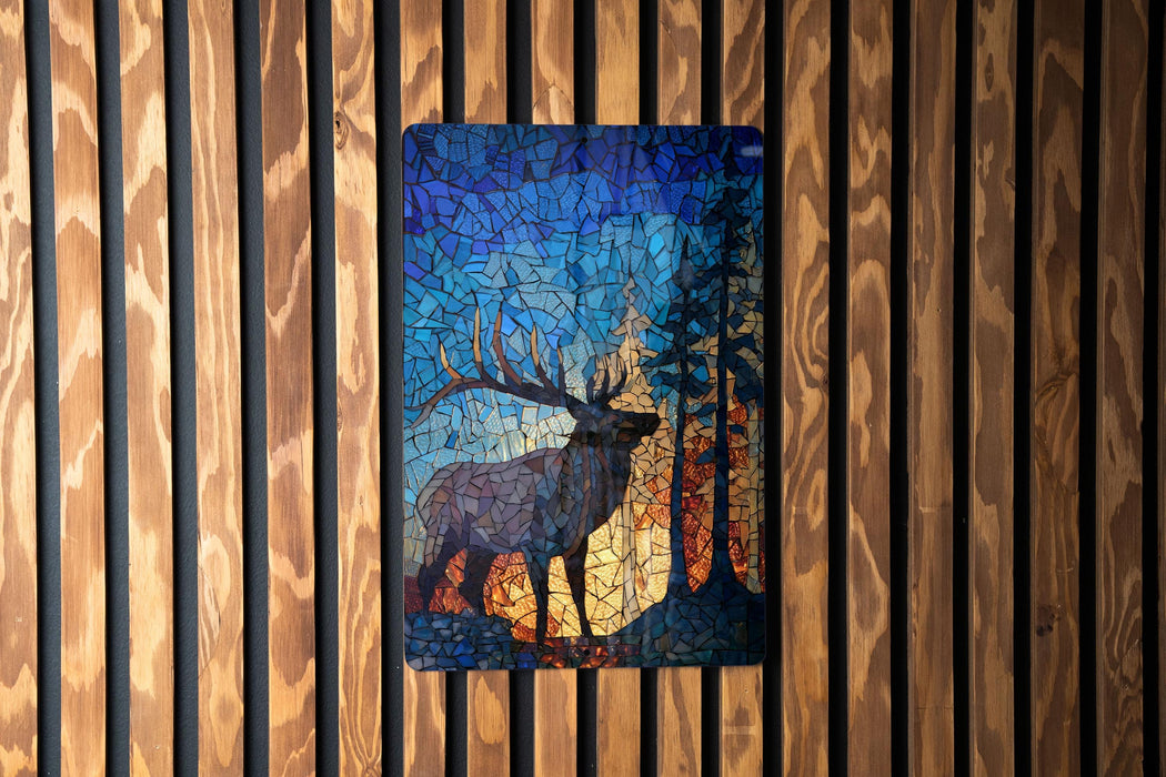 a vibrant stained glass artwork depicting a deer with antlers, set against a backdrop of a forest scene.