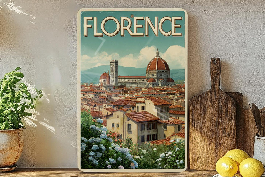 A framed vintage poster of Florence, Italy, featuring the iconic dome of the Cathedral of Santa Maria della Salute, surrounded by a picturesque cityscape.