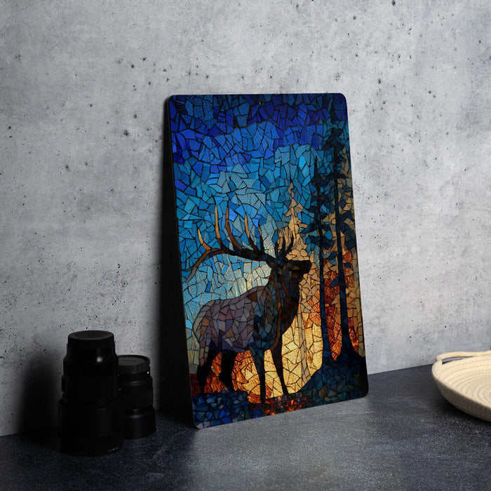 a vibrant mosaic artwork depicting a deer standing in a forest setting, with a warm, colorful background.