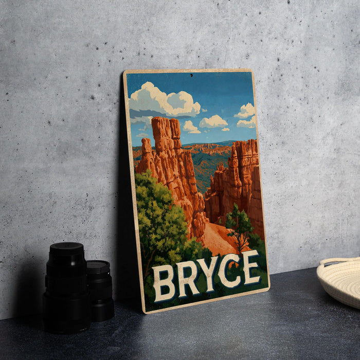 A vintage-style poster of Bryce Canyon National Park, featuring the iconic rock formations and landscape, is displayed on a wall.