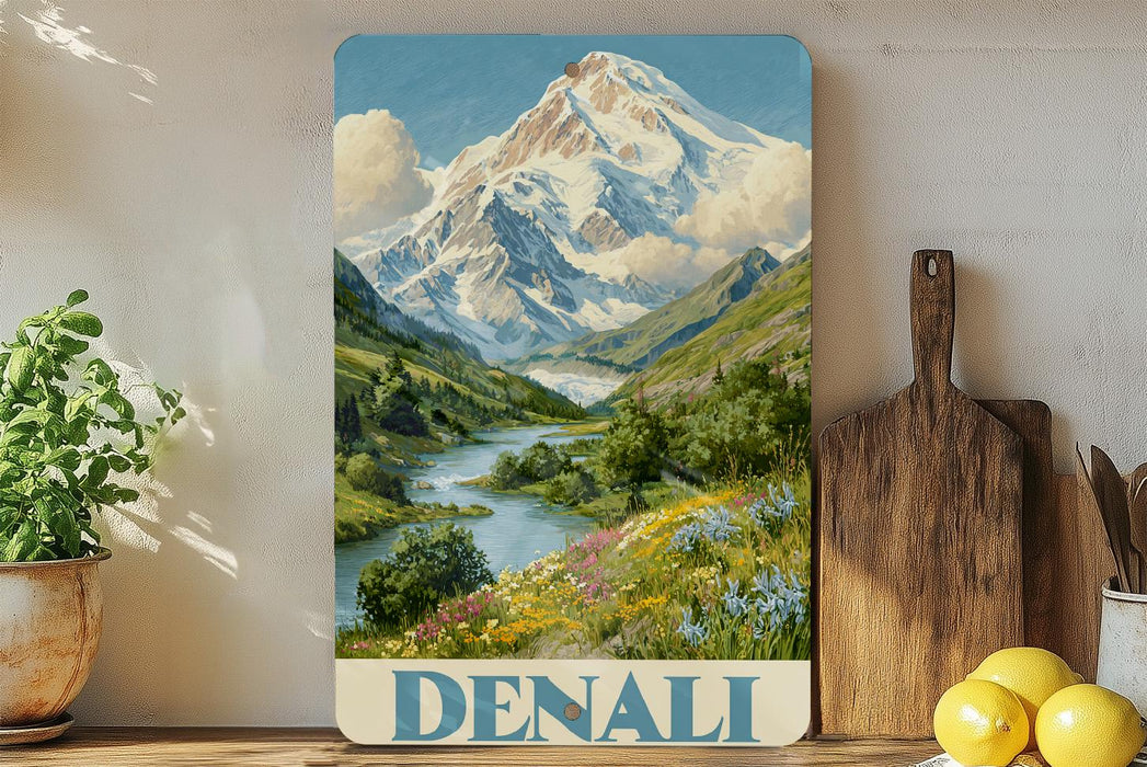 A framed painting of a mountain landscape with a river and flowers, displayed on a shelf next to a wooden cutting board and some potted plants.