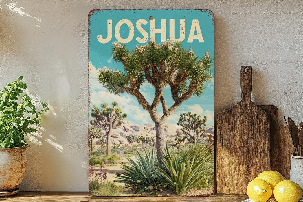A vintage-style metal sign with a desert landscape featuring a Joshua tree, placed on a wooden shelf next to a cutting board and some potted plants.