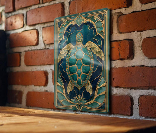 A decorative metal panel featuring a detailed illustration of a turtle against a blue background with gold accents.