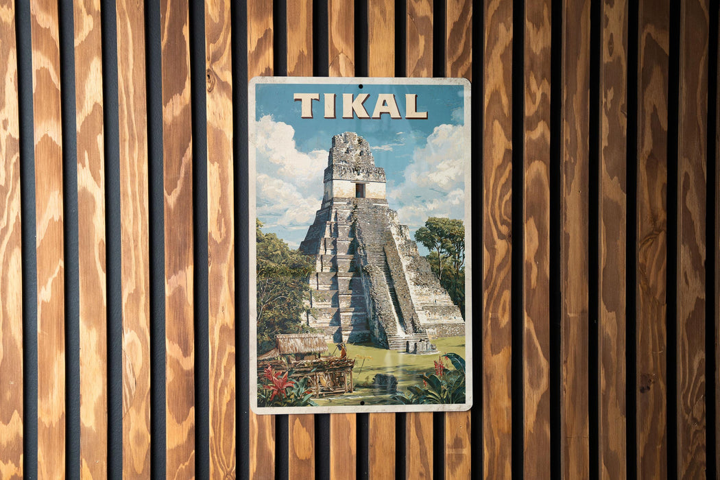 A vintage-style poster of the Tikal pyramid, a famous ancient Mayan pyramid located in Tikal, Guatemala.