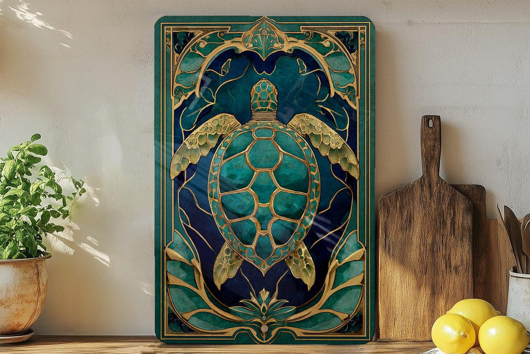 a large, ornate painting of a turtle on a green and blue background, displayed on a wall next to a wooden cutting board and some potted plants.