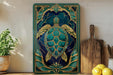 a large, ornate painting of a turtle on a green and blue background, displayed on a wall next to a wooden cutting board and some potted plants.