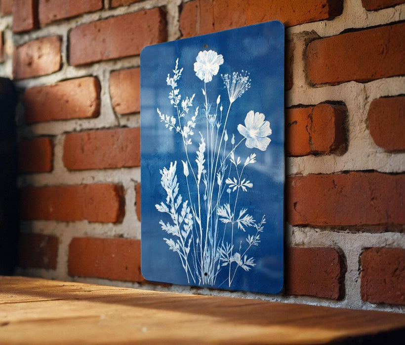 A blue sign with white floral designs is mounted on a brick wall.