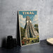 A vintage-style metal sign displaying the image of the Mayan pyramid of Tikal, a famous landmark in Guatemala.