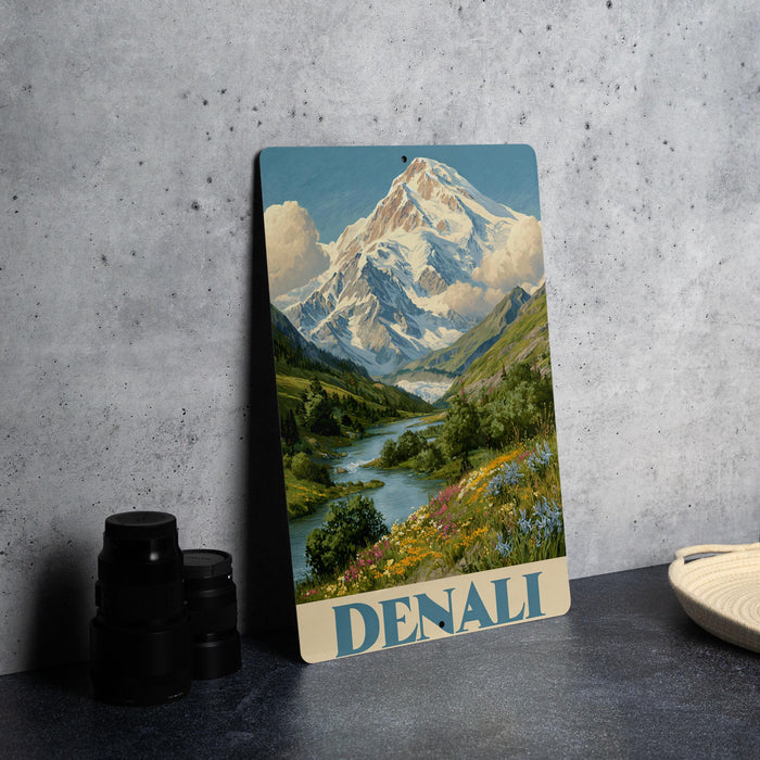 A framed print of a mountain landscape with a river and flowers is displayed on a table, accompanied by a stack of black camera lenses and a woven basket.
