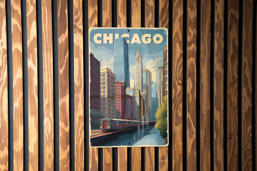 A vintage-style poster of Chicago, featuring a train and skyscrapers, is displayed on a wooden wall.
