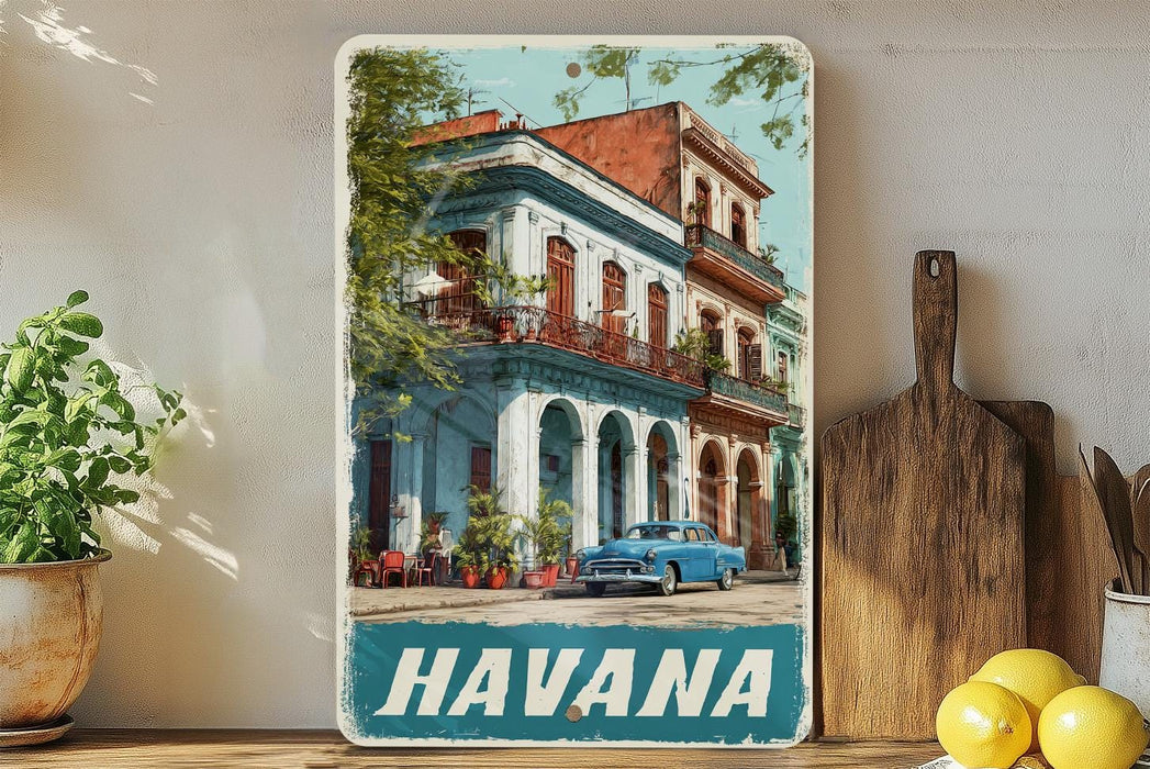 A vintage-style metal sign displaying a colorful image of a building with a blue car parked in front, surrounded by lush greenery.