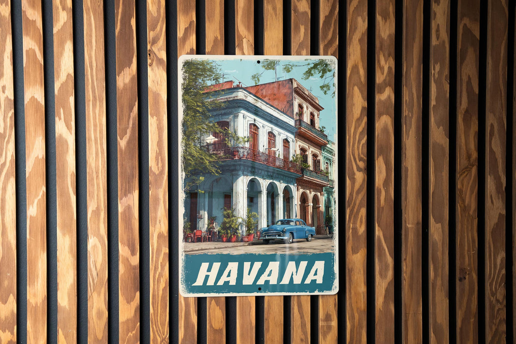A vintage-style metal sign with a photograph of a building and a car, mounted on a wooden wall.