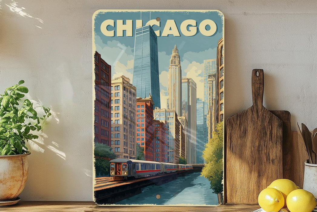 A vintage-style poster of Chicago's skyline, featuring a train on the tracks, is displayed on a wall next to a wooden cutting board and some potted plants.