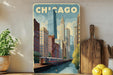 A vintage-style poster of Chicago's skyline, featuring a train on the tracks, is displayed on a wall next to a wooden cutting board and some potted plants.