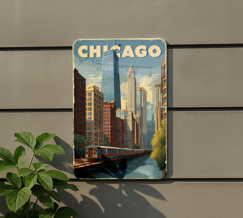 A vintage-style poster of Chicago's skyline, featuring the Chicago Tower, is displayed on a wall.