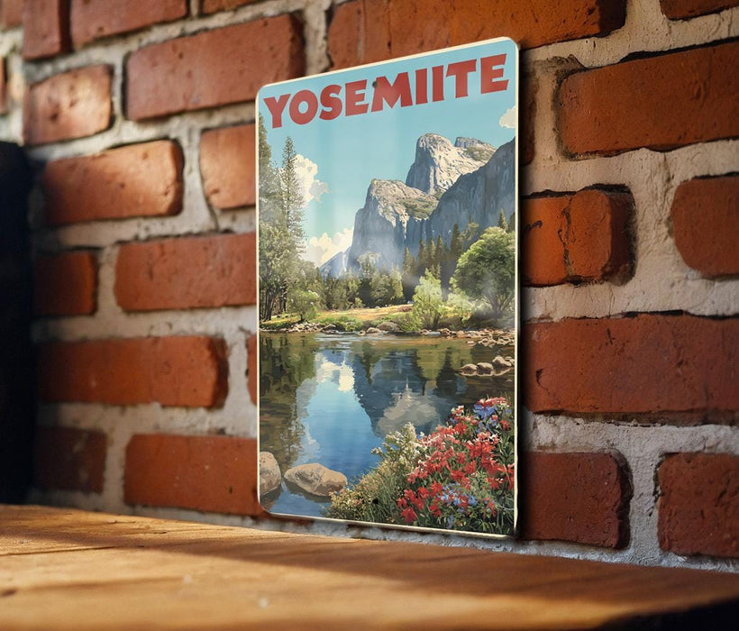 A vintage-style poster of Yosemite National Park, featuring a scenic landscape with mountains, a river, and colorful wildflowers, is displayed on a brick wall.
