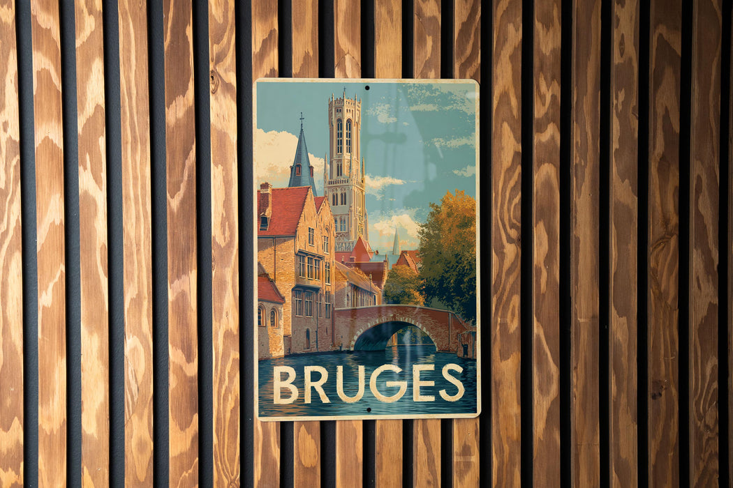 A vintage-style metal sign with a painting of a cityscape and a tower, mounted on a wooden wall.