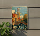 A vintage-style sign depicting a cityscape with a church spire and a bridge, mounted on a wall.