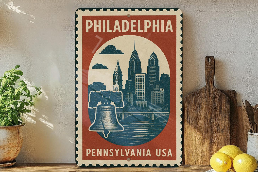 A vintage-style metal sign with a Philadelphia skyline and a bell, placed on a wooden surface next to a wooden cutting board and some lemons.