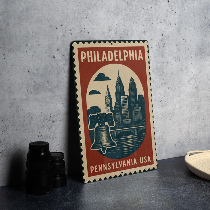 A vintage-style metal sign depicting the Philadelphia skyline, with a bell and the text "PHILADELPHIA PENNSYLVANIA USA" printed on it.