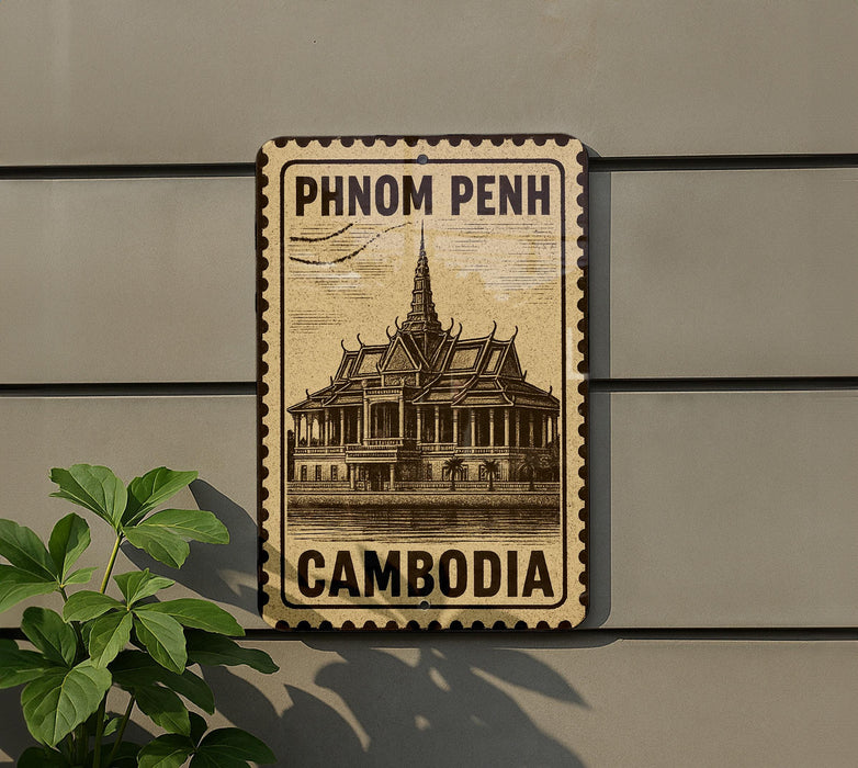 A sign displaying the name of a place, which is Cambodia, mounted on a wall.