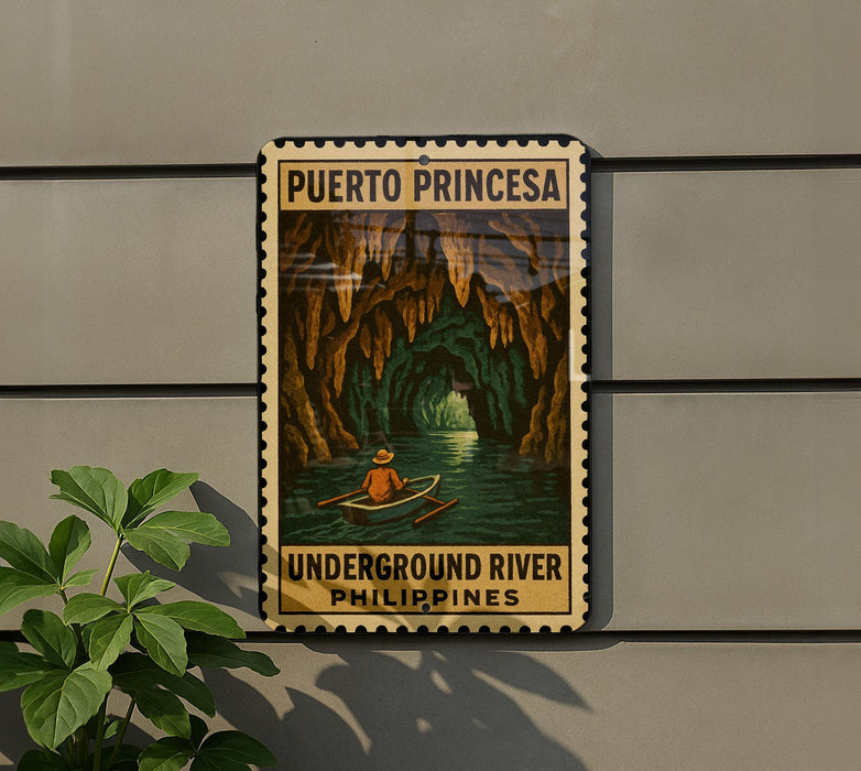 A vintage-style sign for Puerto Princesa, an underground river in the Philippines, featuring a person rowing a boat through a cave.