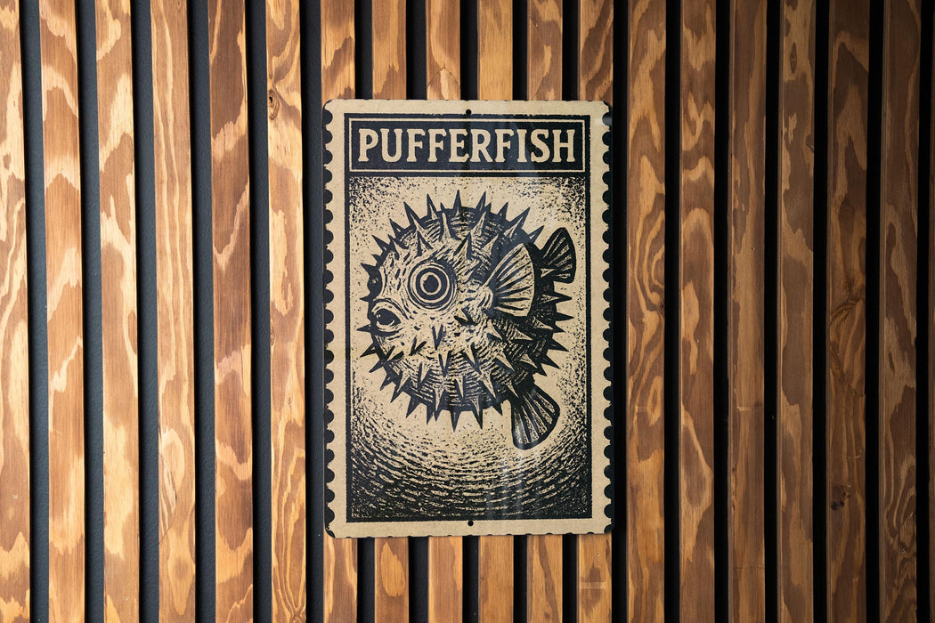 A black and white illustration of a pufferfish is displayed on a wooden wall.