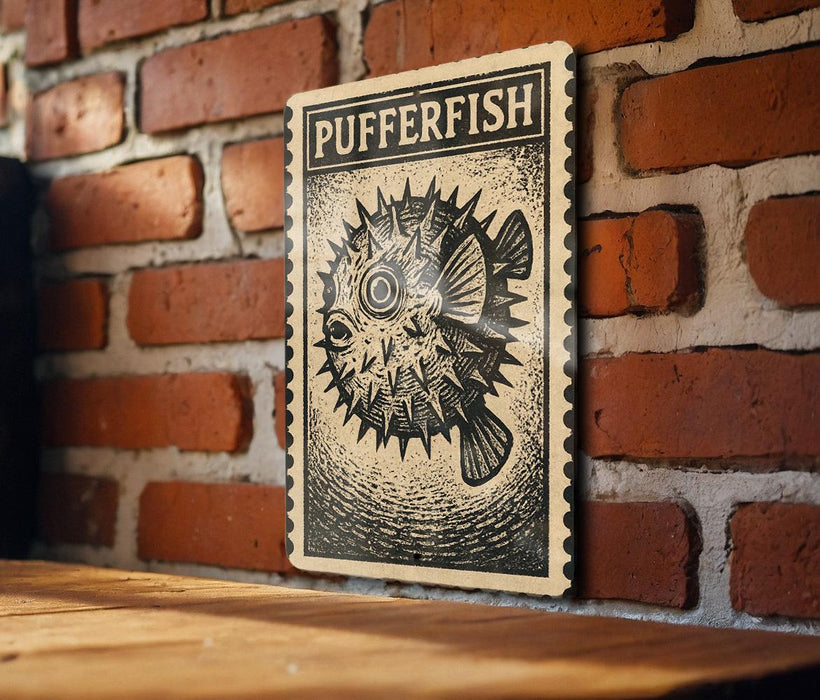 a wooden table with a framed poster of a pufferfish hanging on the wall behind it.