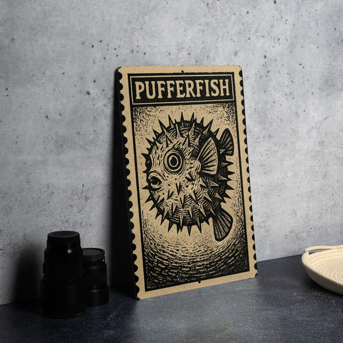 a wooden frame with a black and white illustration of a pufferfish on it, placed on a table next to some black camera lenses.