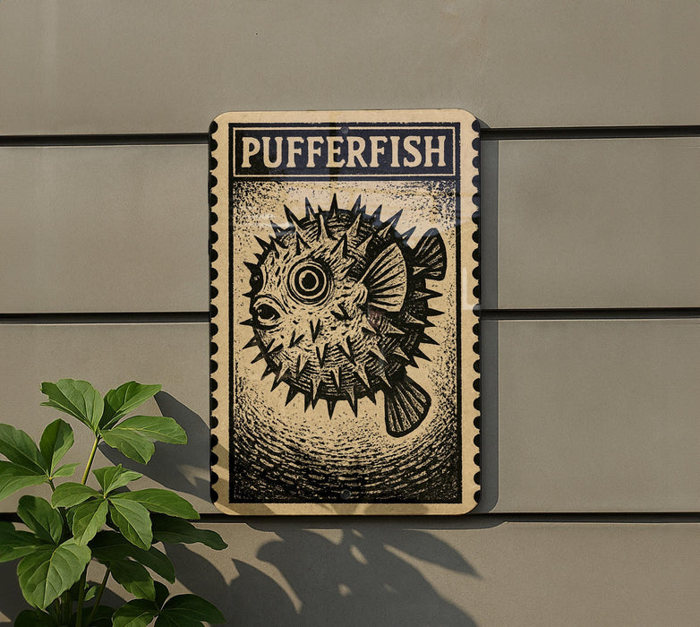 a pufferfish, a type of blowfish, depicted on a wooden plaque or sign.