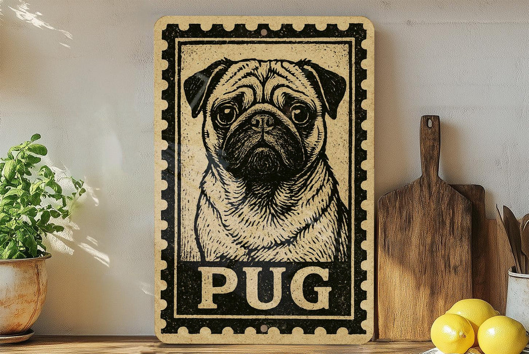 A vintage-style pug dog sign with the word "PUG" printed on it, displayed on a shelf next to a wooden cutting board and some kitchen utensils.