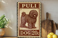 a wooden sign with a dog illustration, placed on a wooden surface next to a wooden cutting board and some lemons.