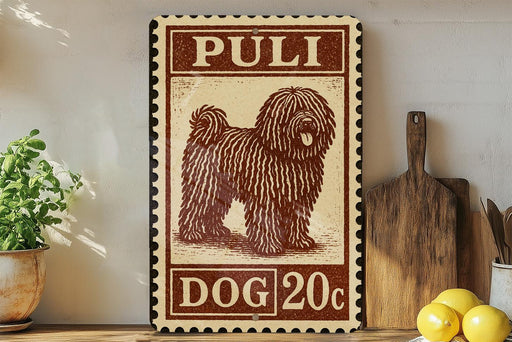 a wooden sign with a dog illustration, placed on a wooden surface next to a wooden cutting board and some lemons.