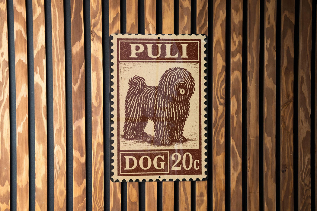 A wooden wall with a brown and white dog stamp in the center.