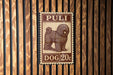 A wooden wall with a brown and white dog stamp in the center.
