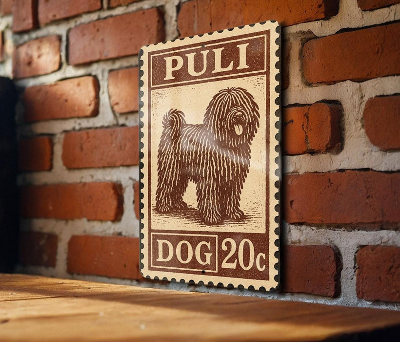 A wooden table with a wooden border, and a vintage-style stamp featuring a dog on a brick wall.