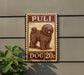 a brown dog with a shaggy coat, depicted in a stamp-like design on a wall.
