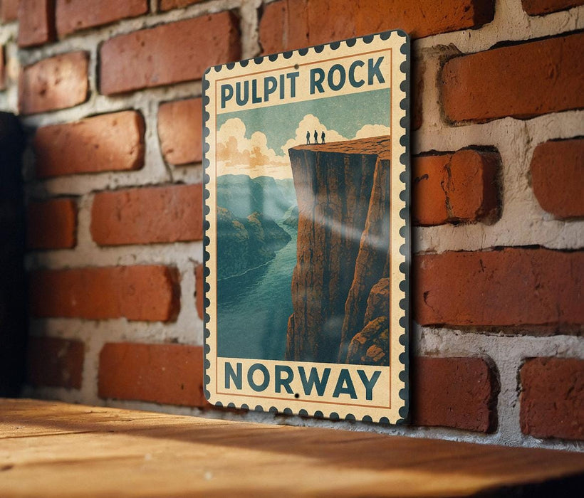 A vintage-style poster of Pulpit Rock in Norway, featuring a cliff with a group of people standing on the edge, is displayed on a brick wall.