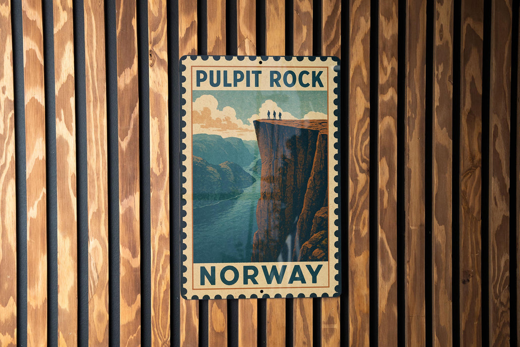 A vintage-style poster of Pulpit Rock in Norway, featuring a cliff with a river below, is displayed on a wooden wall.