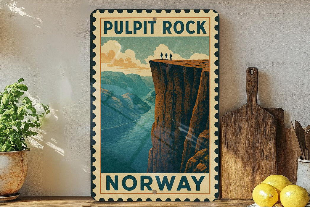 A vintage-style poster of Pulpit Rock in Norway, featuring a cliff with a river below, is displayed on a wall next to a wooden cutting board and a potted plant.