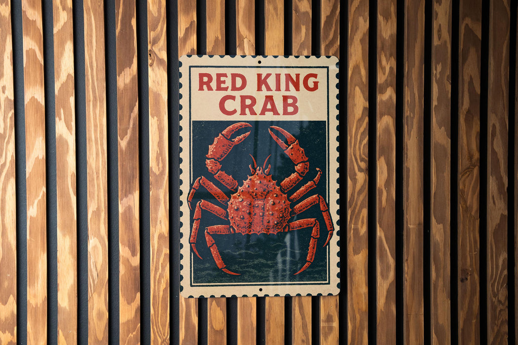 A sign with the text "RED KING CRAB" and an illustration of a red crab is displayed on a wooden wall.