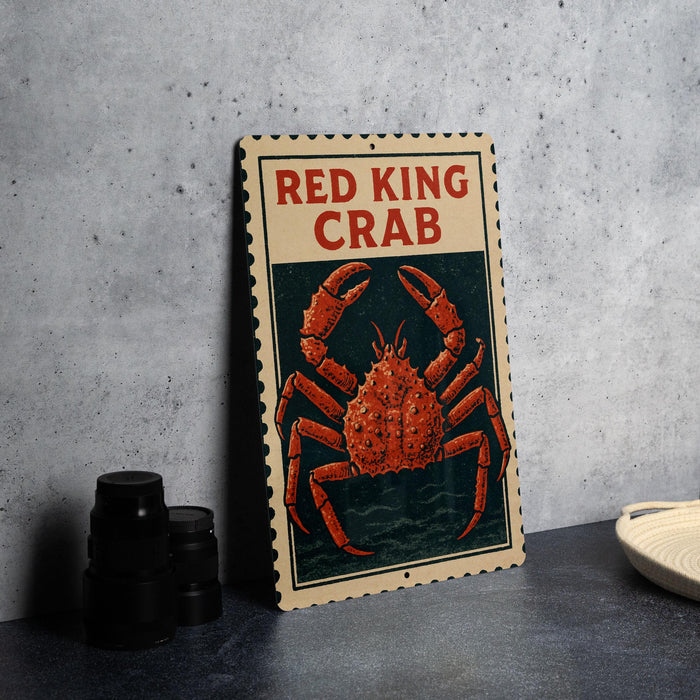 A framed poster of a red king crab is displayed on a wall, with a stack of black cups and a white dish visible to the side.