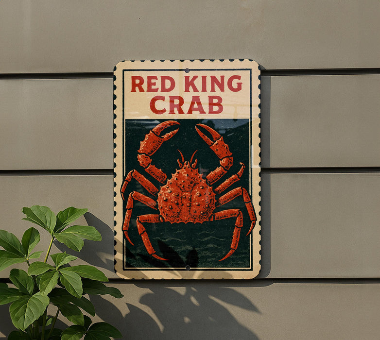 A sign for "Red King Crab" is displayed on a wall, featuring an illustration of a large red crab.