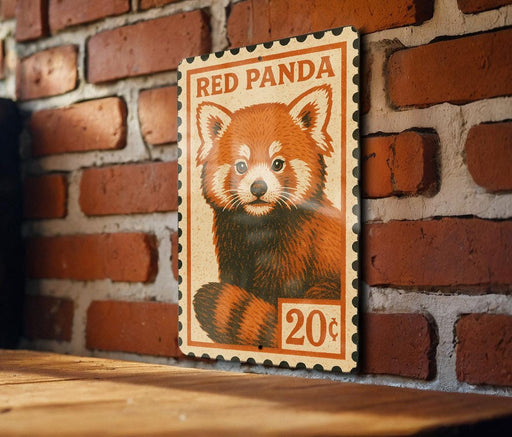 A red panda stamp is displayed on a brick wall, featuring a close-up of the animal's face.