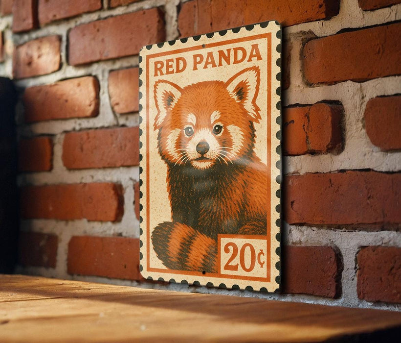 A red panda stamp is displayed on a brick wall, featuring a close-up of the animal's face.