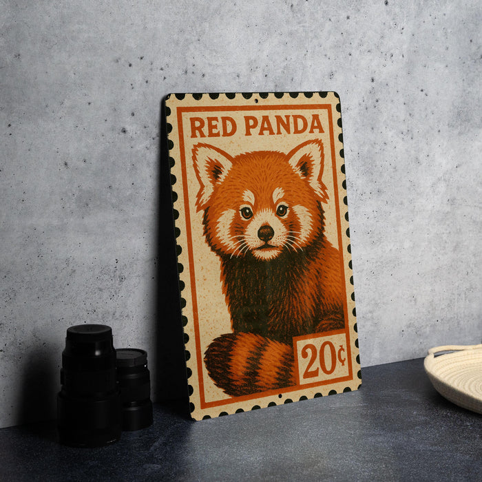 A metal stamp featuring a red panda, with the text "RED PANDAS" and "20¢" printed on it.